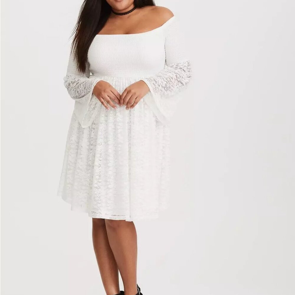 Torrid White Lace Shirred Skater Dress With Bell Sleeves